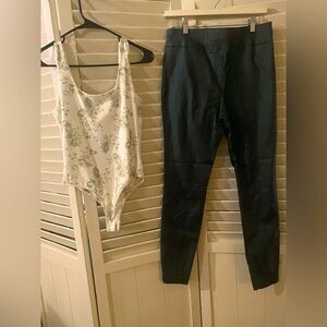 2 piece outfit including NY&Co green faux leather pants and Francesca’s bodysuit